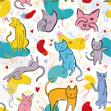 Vector seamless pattern with funny cats in memphis style