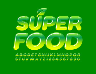 Vector banner Super Food with decorative Leaf. Glossy gradient Font. Green Alphabet Letters and Numbers