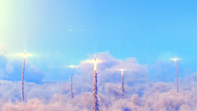 nuclear war start. rockets going throw the clouds. 4k animation