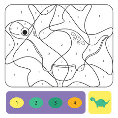 Cute dino coloring page for kids. Printable design coloring book. Coloring puzzle with numbers of color