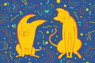 Obraz premium Vector greeting card for the party with dog and cat