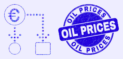 Obraz premium Geometric euro cash flow mosaic pictogram and Oil Prices seal. Blue vector round scratched seal with Oil Prices caption. Abstract mosaic of euro cash flow combined of spheric, triangles,