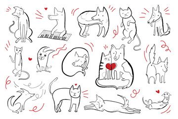 Vector illustration with set of cute characters dogs and cats