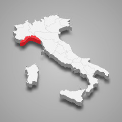 liguria region location within Italy 3d map Template for your design