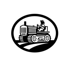 Organic Farmer Driving Vintage Farm Tractor Oval Retro Monochrome