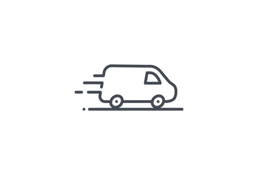 Van vector icon. Delivery service logo isolated on white. Moving car line outline thin sign flat design