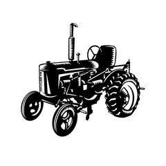 Vintage Farm Tractor Retro Woodcut Black and White