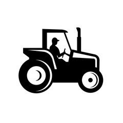 Vintage Farm Tractor Side View Silhouette Black and White