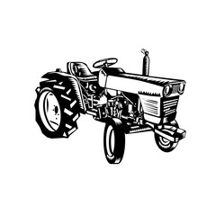 Fototapeta na wymiar Vintage Farm Tractor Side View Woodcut Black and White