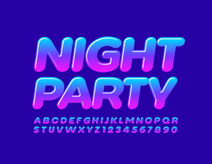Vector bright flyer Night Party. Gradient color Font. Glossy Alphabet Letters and Numbers