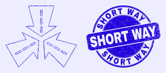 Obraz premium Geometric triple roads intersection mosaic pictogram and Short Way watermark. Blue vector rounded distress watermark with Short Way message.