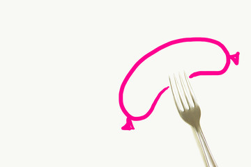 Fork on white background with hand drawn sausage