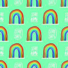 Stay home, stay safe rainbow color pattern vector illustration for posters, flyers, cards, stickers, and professional design. Seamless repeat pattern design for fabric.