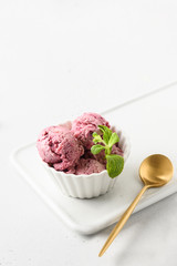 Blueberry ice cream in bowl garnish mint on white. Vertical .