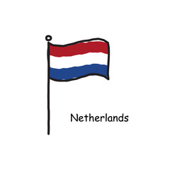 hand drawn sketchy Netherlands flag on the flag pole. three color flag . Stock Vector illustration isolated on white background.