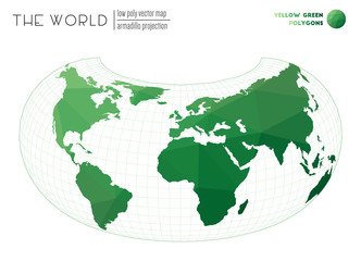 Low poly design of the world. Armadillo projection of the world. Yellow Green colored polygons. Stylish vector illustration.