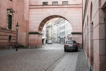 A large architectural arch on a street