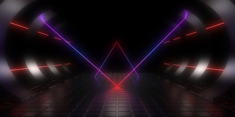 3D abstract background with neon lights. neon tunnel .space construction . 3d illustration