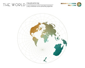 Low poly world map. Airy's minimum-error azimuthal projection of the world. Brown, Blue, Green colored polygons. Awesome vector illustration.