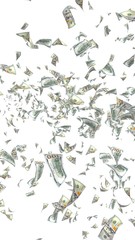 Flying dollars banknotes isolated on white background. Money is flying in the air. 100 US banknotes new sample. 3D illustration