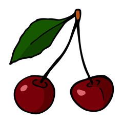 Cherry with stem and leaf. Hand drawn outline doodle icon. Colorful isolated on white background. Vector illustration for greeting cards, posters, patches, prints for clothes, emblems.