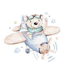 Watercolor set baby cartoon cute pilot aviation background illustration of fancy sky transport complete with airplanes balloons, clouds. childish Boy pattern. It's a baby shower illustration © kris_art
