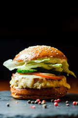 hamburger on black plate
