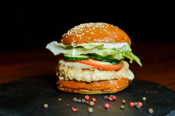 hamburger on black plate