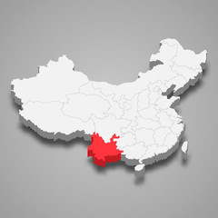 Yunnan province location within China 3d map Template for your design