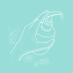 Hand washing with liquid soap one-line drawing. Fashion trend. Cleanliness, pandemic protection on a blue background
