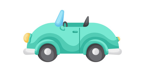 Green cartoon car isolated on white background, colorful automobile flat style, simple design. Flat cartoon colorful vector illustration.
