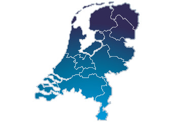 Mapa azul de los Países Bajos en fondo blanco.