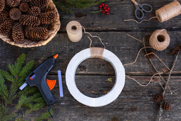 How to make Christmas wreath at home. Step by step photo instruction. Step 4. wraping rope. DIY art...