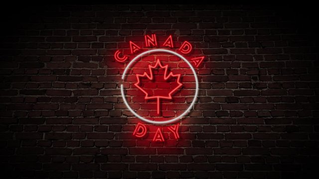 3D Rendering Canada Day Neon Sign with a Brick Wall Background