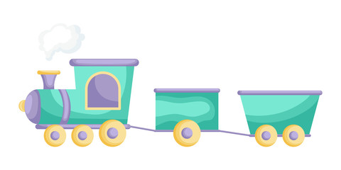 Green-purple cartoon train for children isolated on white background, colorful train in flat style, simple design. Flat cartoon colorful vector illustration.