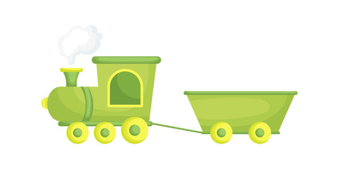 Green-yellow cartoon train for children isolated on white background, colorful train in flat style, simple design. Flat cartoon colorful vector illustration.