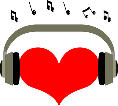 A heart listens to music on headphones
