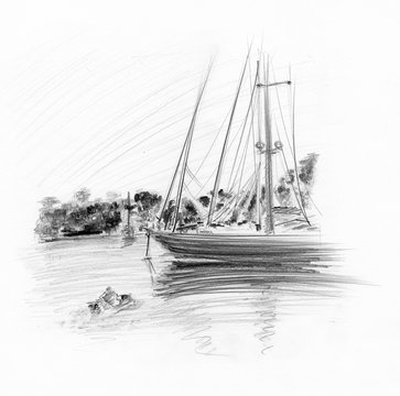 Pencil (Charcoal) drawing, Sailing concept.