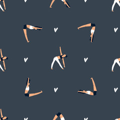 Seamless pattern with characters in yoga asanas