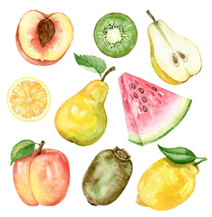 Summer fruit illustration watercolor set. Watermelon, kiwi, pear, lemon, peach. Pieces of fruit. Healthly food.