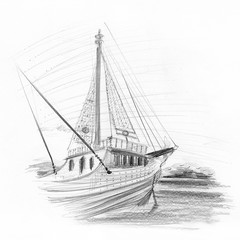 Pencil (Charcoal) drawing, Sailing concept.
