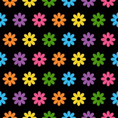 Set of flat icon flower icons in silhouette isolated on black background. Cute retro design in bright colors for stickers, labels, tags, gift wrapping paper. seamless pattern