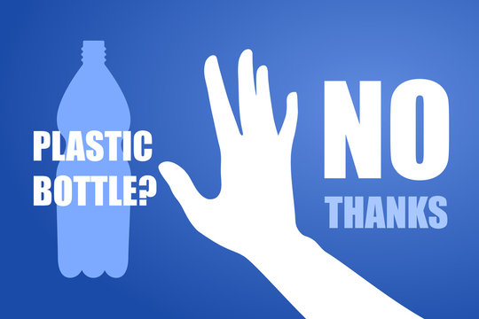 Ecological poster. Banner composed of blue plastic bottle and white hand sign stop on blue background. Plastic bottle, no thanks. Flat design. Problem plastic pollution.