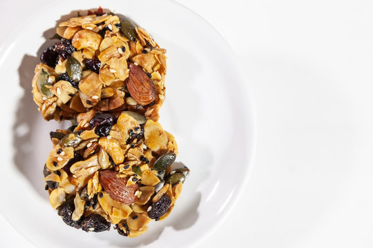 Homemade cereal with almond rumraisin grain cookies, crispy crocant cookie
