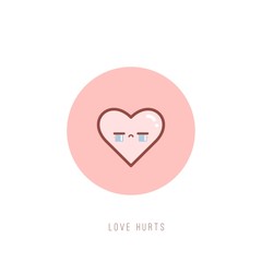 Cute Kawaii crying Heart. St Valentine's day theme. Love, romantic concept. Japanese cartoon manga style. Funny anime character with face. Trendy Vector illustration. Greeting Card with text