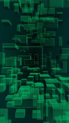 Green and dark abstract digital and technology background. The pattern with repeating rectangles. 3D illustration