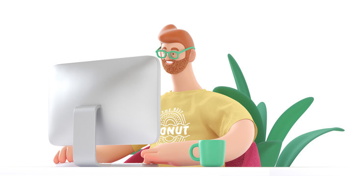 Home Office 3D render -modern concept digital illustration home office quarantine metaphor, a cartoon character, guy working at home sitting at the desktop computer. Creative landing web page header