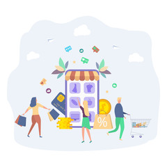 Online shopping. Attracting customers, buyers. The store sells installment goods to people, numbers, signs. Interest free sale. Colorful vector illustration.