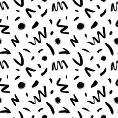 Fototapeta premium Geometric vector seamless pattern in Memphis style. Grunge brush stroke dots, circles, zig zag lines and dashes.