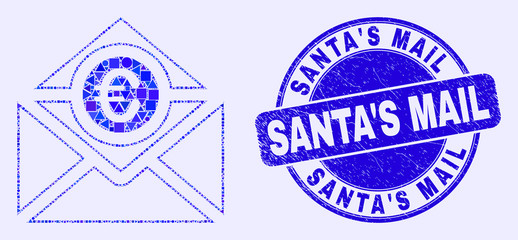 Obraz premium Geometric euro mail mosaic pictogram and Santa'S Mail seal stamp. Blue vector round distress seal stamp with Santa'S Mail text. Abstract mosaic of euro mail designed of circle, tringle,